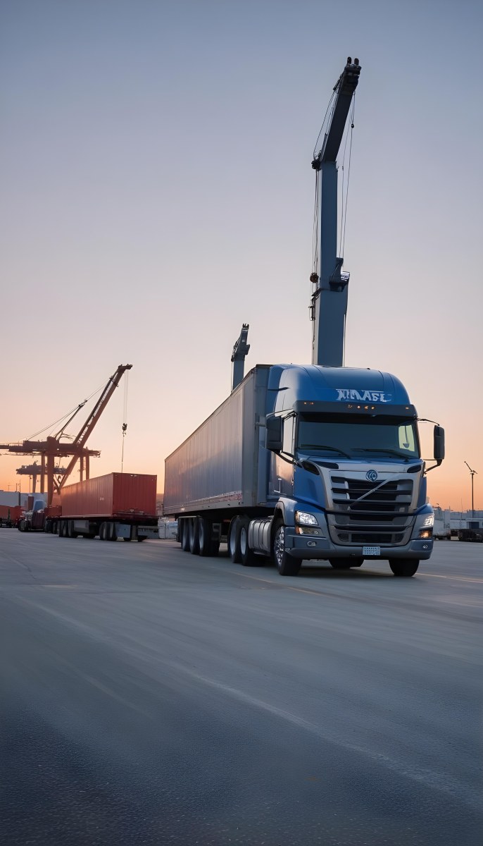 A Large Semi Truck With A Blue Cab And A Gray Trailer Parked In Front Of A Port With Cranes In The Background 8 Df3c