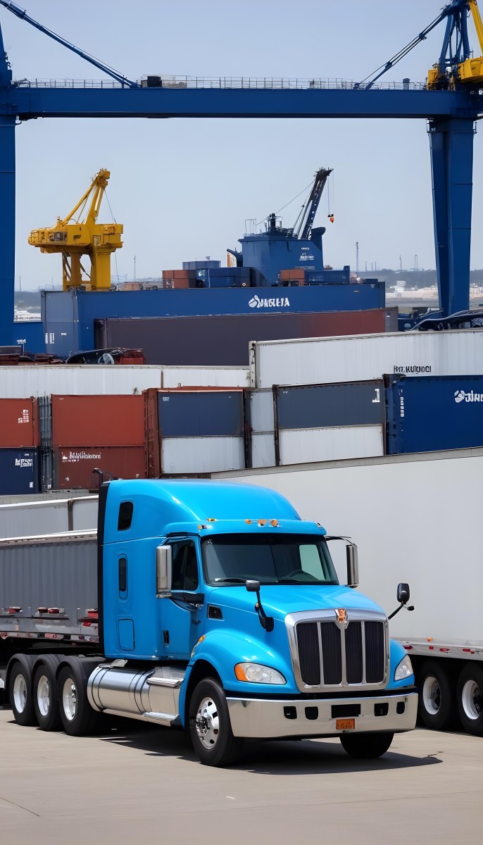 A Large Semi Truck With A Blue Cab And A Gray Trailer Parked In Front Of A Port With Cranes In The Background 9 59ec
