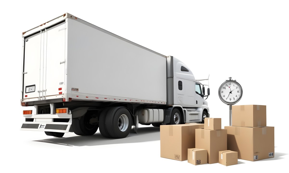 A Large White Semi Truck Trailer Parked Next To A Stopwatch And Cardboard Boxes Suggesting A Logistics Scene 11 F6f9