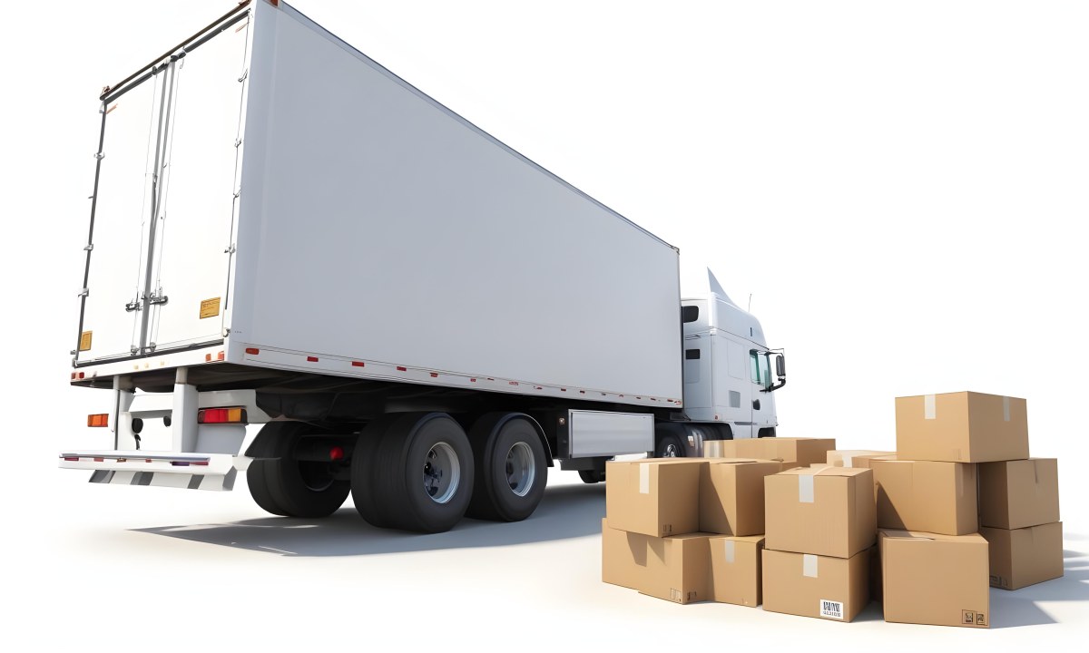 A Large White Semi Truck Trailer Parked Next To A Stopwatch And Cardboard Boxes Suggesting A Logistics Scene 14 Bb6f