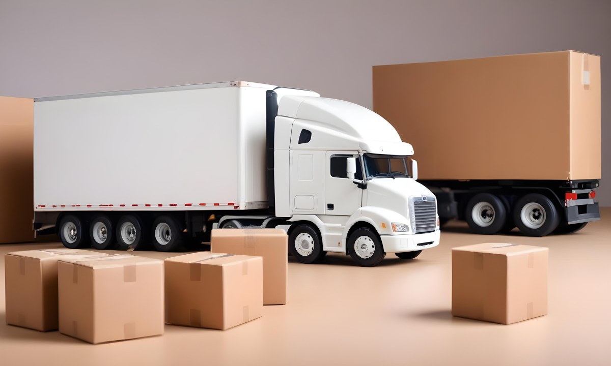 A Large White Semi Truck Trailer Parked Next To A Stopwatch And Cardboard Boxes Suggesting A Logistics Scene 22 52bd