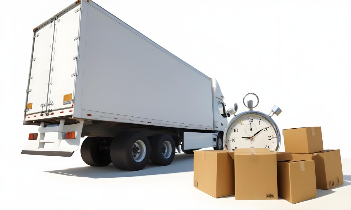 A Large White Semi Truck Trailer Parked Next To A Stopwatch And Cardboard Boxes Suggesting A Logistics Scene 26 Ff99