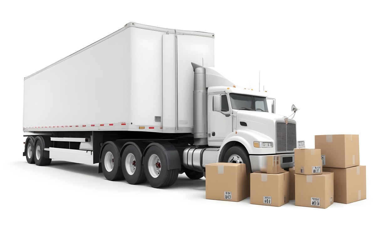 A Large White Semi Truck Trailer Parked Next To A Stopwatch And Cardboard Boxes Suggesting A Logistics Scene 3 4436