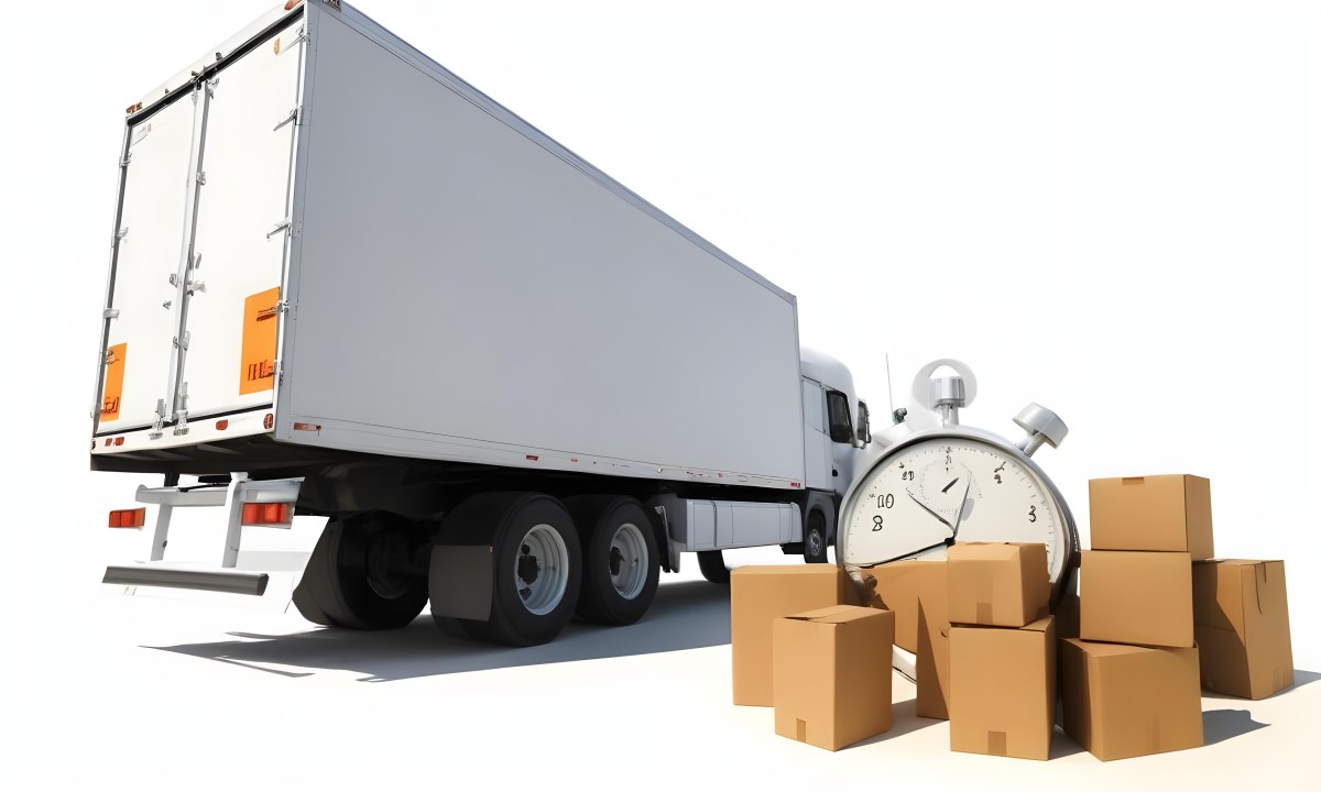 A Large White Semi Truck Trailer Parked Next To A Stopwatch And Cardboard Boxes Suggesting A Logistics Scene 30 845d