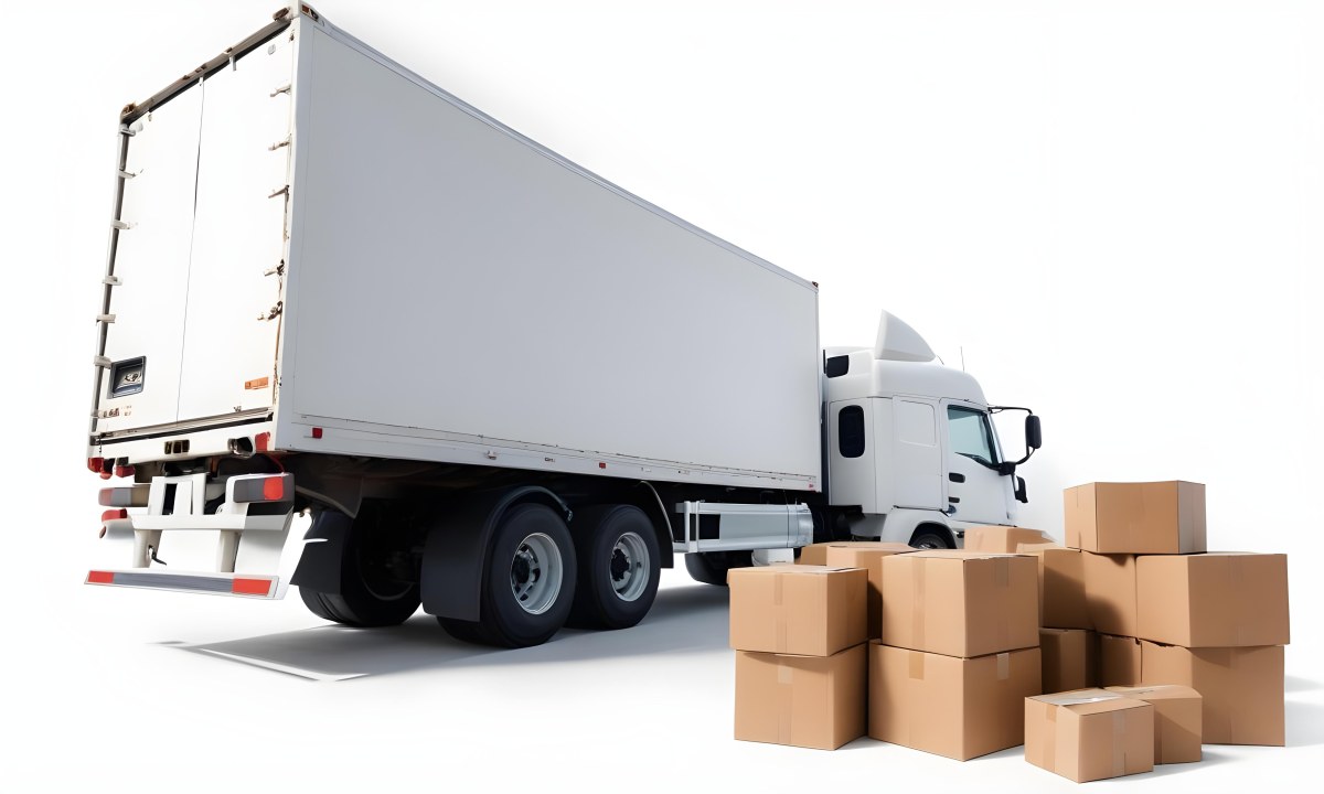 A Large White Semi Truck Trailer Parked Next To A Stopwatch And Cardboard Boxes Suggesting A Logistics Scene 31 B5f4