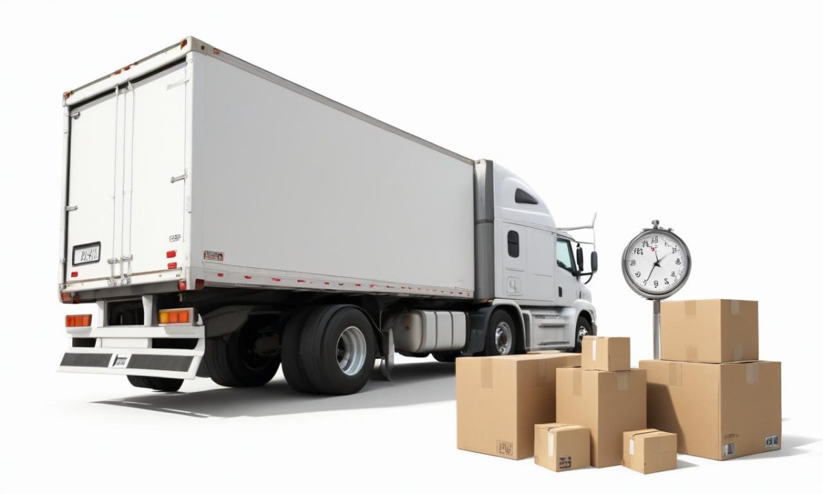 A Large White Semi Truck Trailer Parked Next To A Stopwatch And Cardboard Boxes Suggesting A Logistics Scene 4 9370
