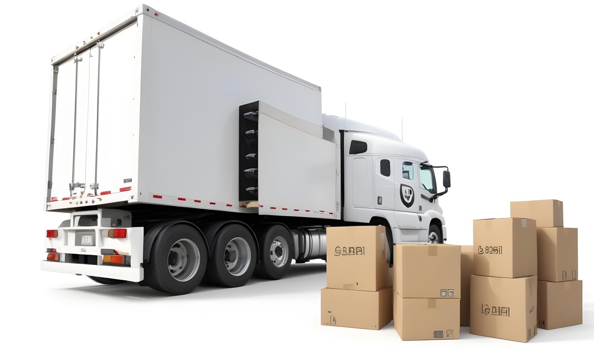 A Large White Semi Truck Trailer Parked Next To A Stopwatch And Cardboard Boxes Suggesting A Logistics Scene 5 621e