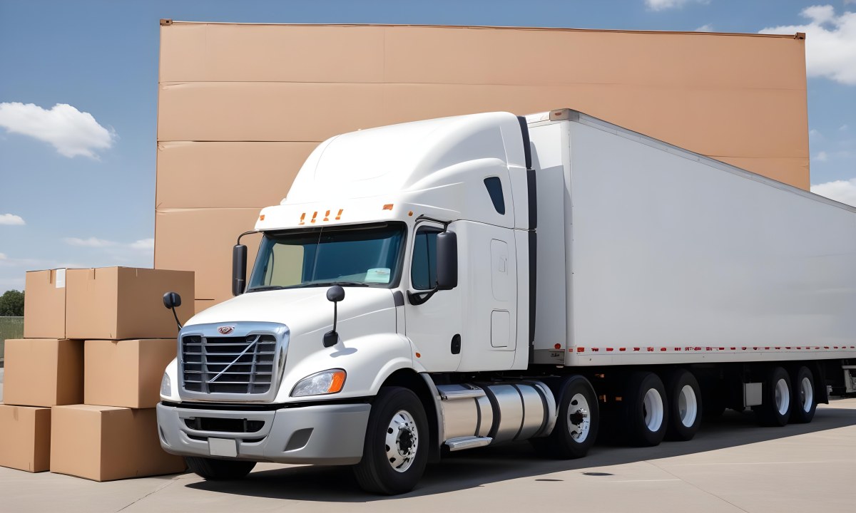 A Large White Semi Truck Trailer Parked Next To A Stopwatch And Cardboard Boxes Suggesting A Logistics Scene 7 90c4