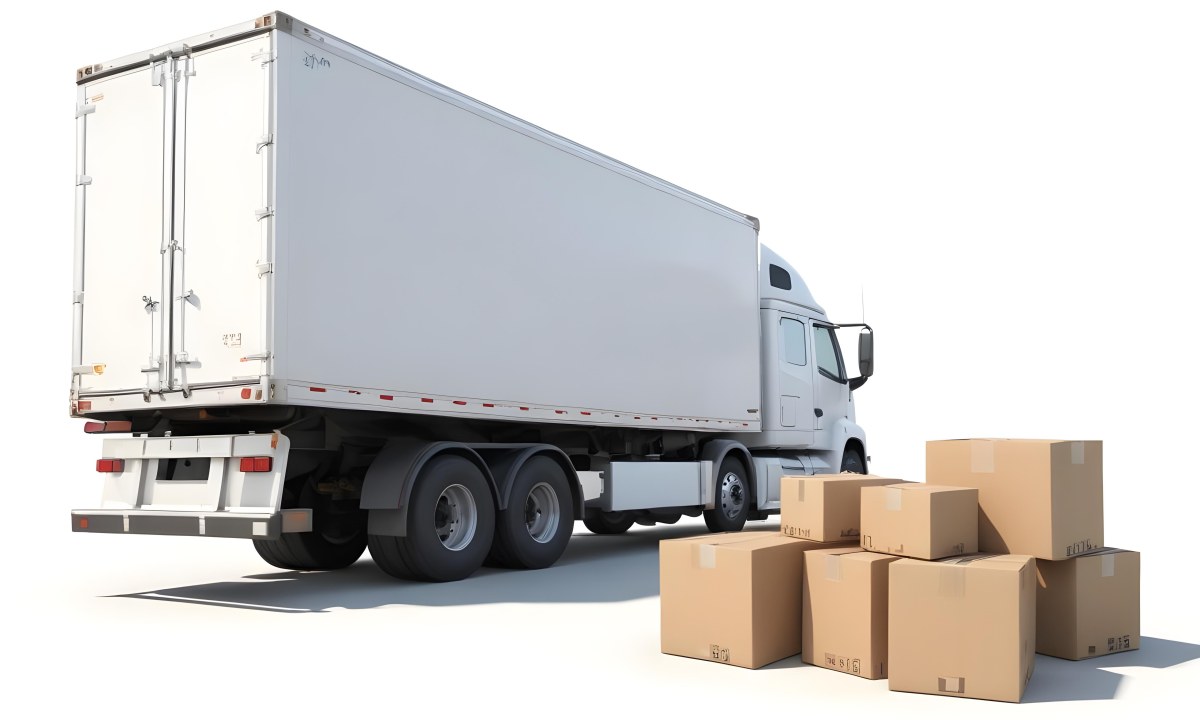 A Large White Semi Truck Trailer Parked Next To A Stopwatch And Cardboard Boxes Suggesting A Logistics Scene 8 586a
