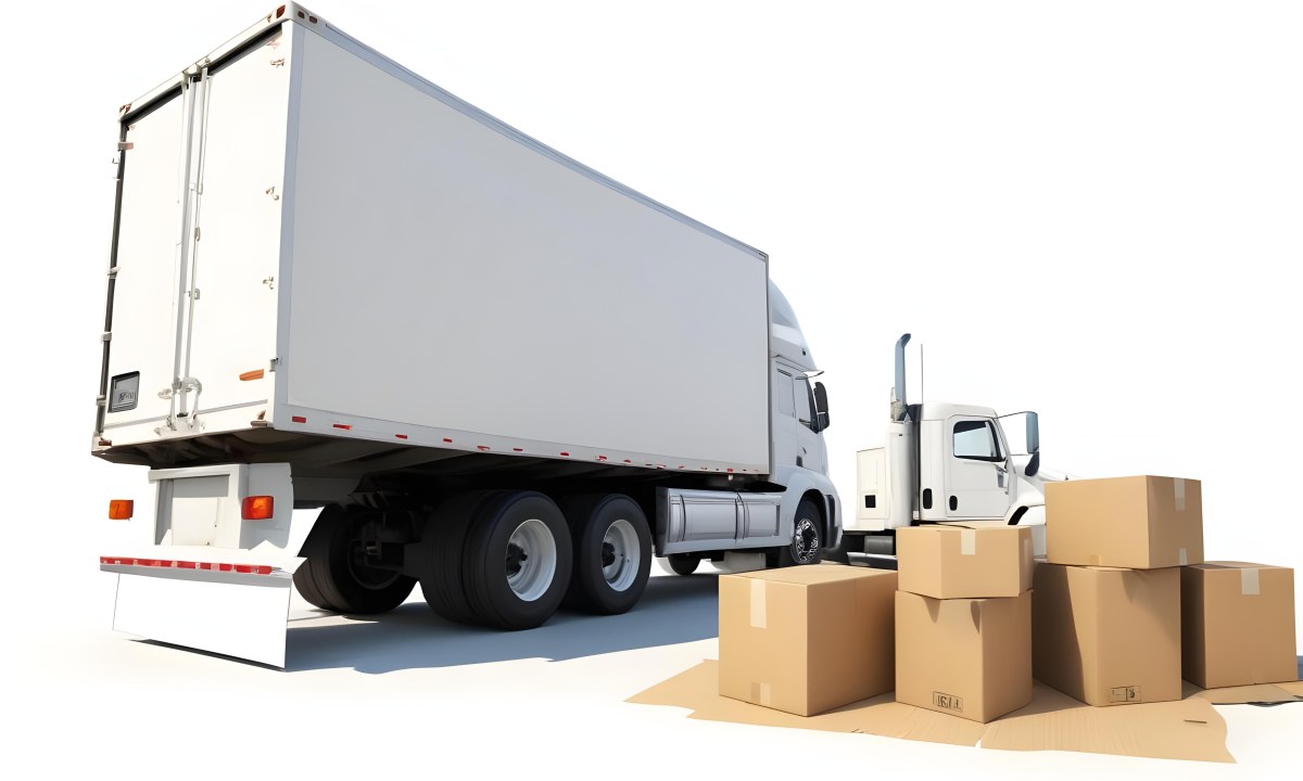A Large White Semi Truck Trailer Parked Next To A Stopwatch And Cardboard Boxes Suggesting A Logistics Scene 9 44d6