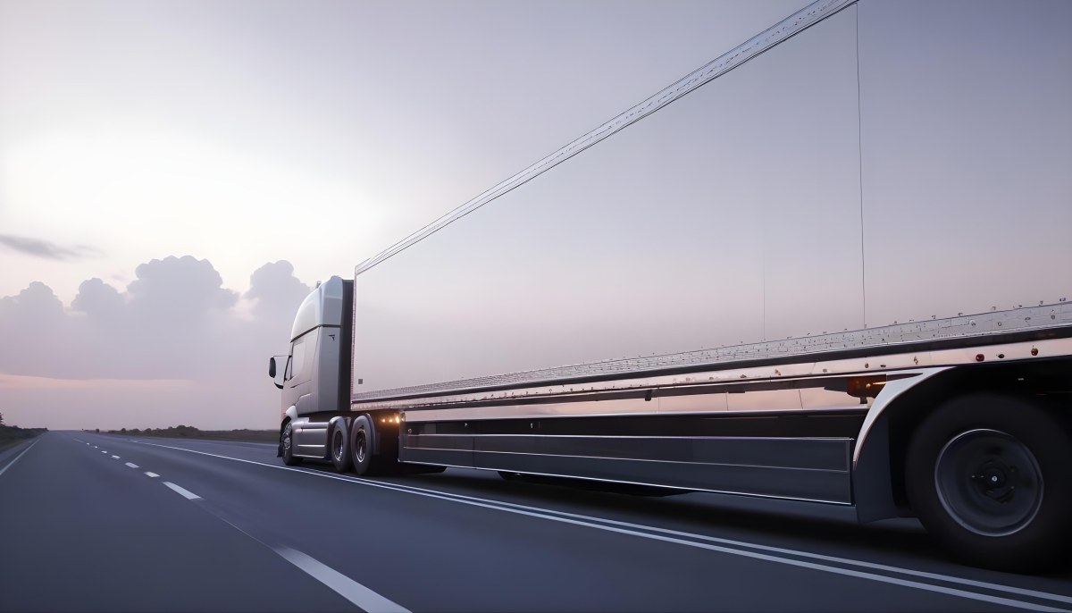A Long Silver Truck On The Road The Trailer Is Reflective Like A Mirror Sunset Sky In The Background 8 A775