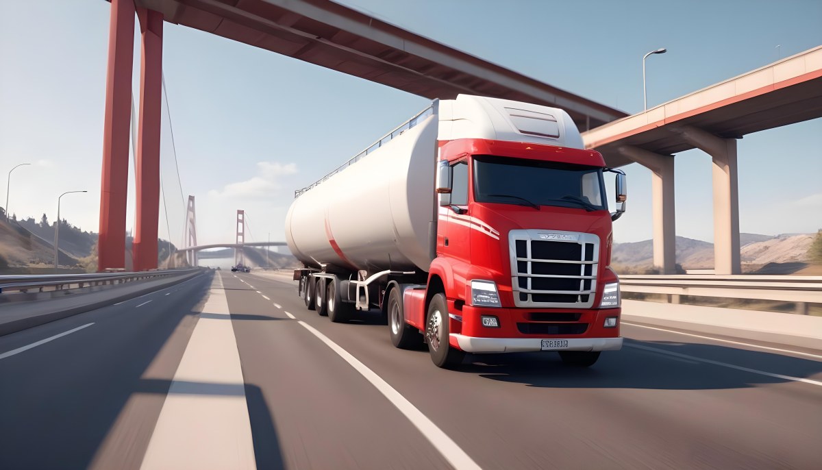 A Long Silver Truck On The Road The Trailer Is Reflective Like A Mirror Sunset Sky In The Background 82 F784