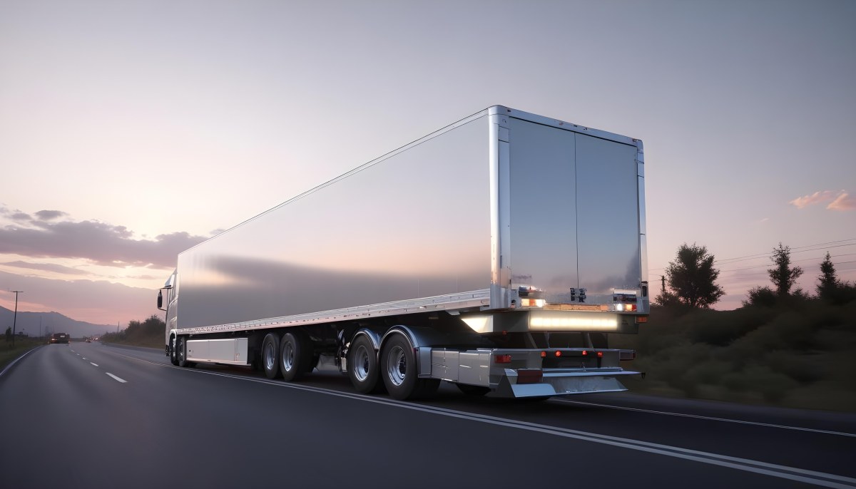 A Long Silver Truck On The Road The Trailer Is Reflective Like A Mirror Sunset Sky In The Background 9 4f7d