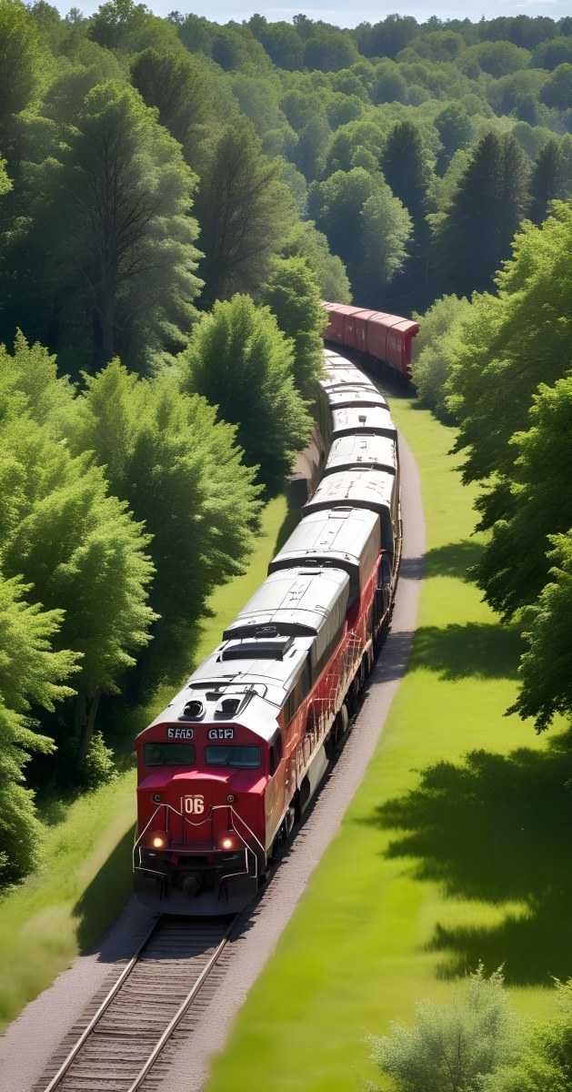 A Red And Gray Freight Train With The Number 108 On The Front Curving Through A Green Tree Lined Landscape On A Sunny Day 11 66dd