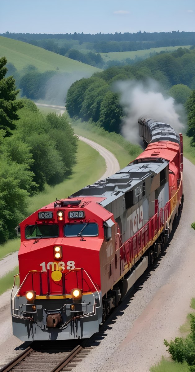 A Red And Gray Freight Train With The Number 108 On The Front Curving Through A Green Tree Lined Landscape On A Sunny Day 12 2bfd