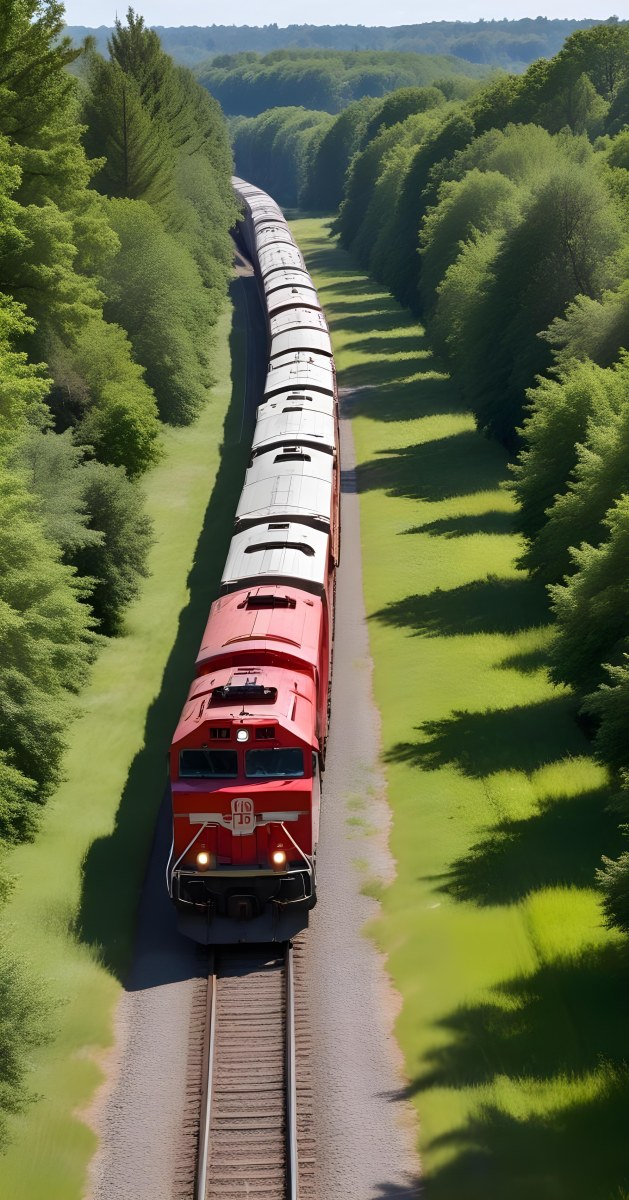 A Red And Gray Freight Train With The Number 108 On The Front Curving Through A Green Tree Lined Landscape On A Sunny Day 13 Fc38