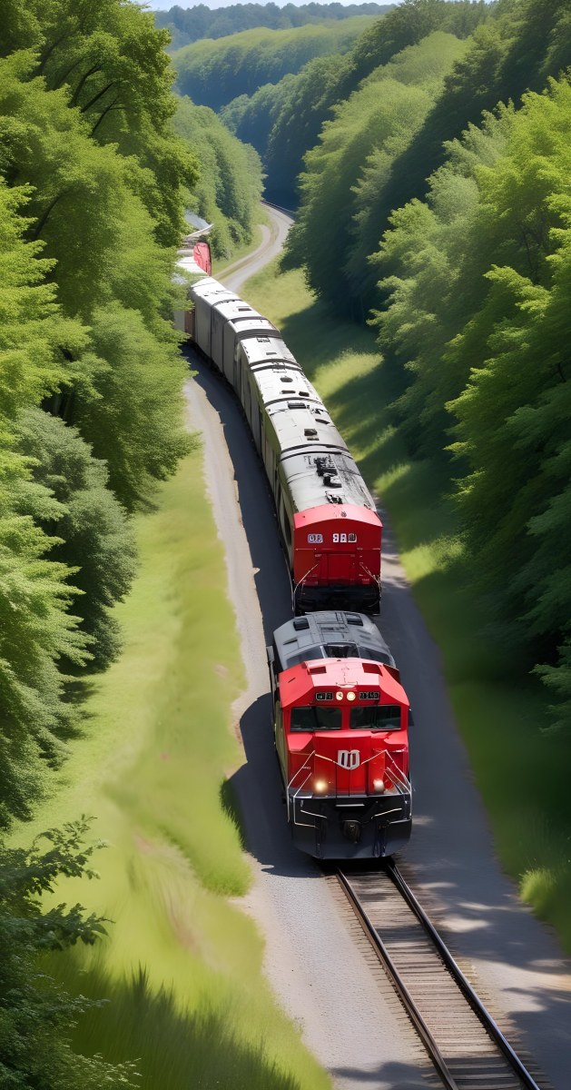 A Red And Gray Freight Train With The Number 108 On The Front Curving Through A Green Tree Lined Landscape On A Sunny Day 15 9880