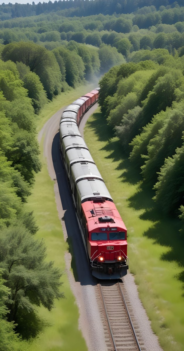 A Red And Gray Freight Train With The Number 108 On The Front Curving Through A Green Tree Lined Landscape On A Sunny Day 2 6218