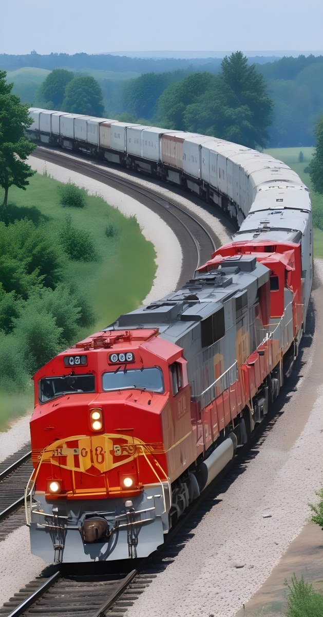 A Red And Gray Freight Train With The Number 108 On The Front Curving Through A Green Tree Lined Landscape On A Sunny Day 20 D3b4