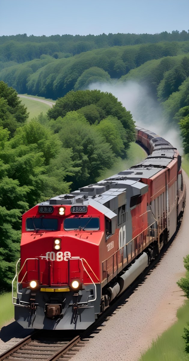 A Red And Gray Freight Train With The Number 108 On The Front Curving Through A Green Tree Lined Landscape On A Sunny Day 21 4bdf