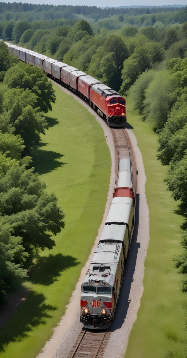 A Red And Gray Freight Train With The Number 108 On The Front Curving Through A Green Tree Lined Landscape On A Sunny Day 22 Fd2a