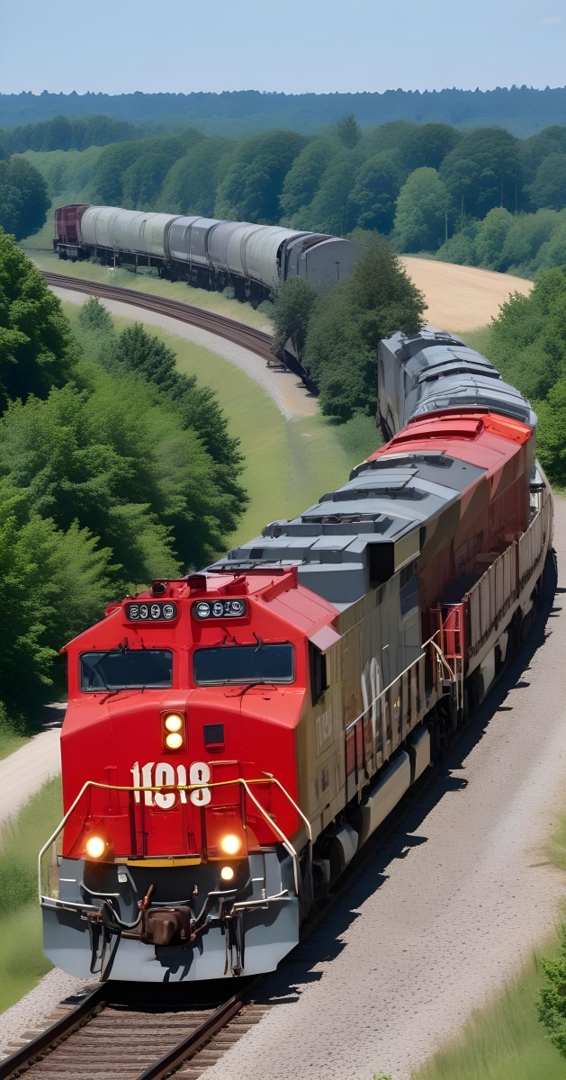 A Red And Gray Freight Train With The Number 108 On The Front Curving Through A Green Tree Lined Landscape On A Sunny Day 25 E72e