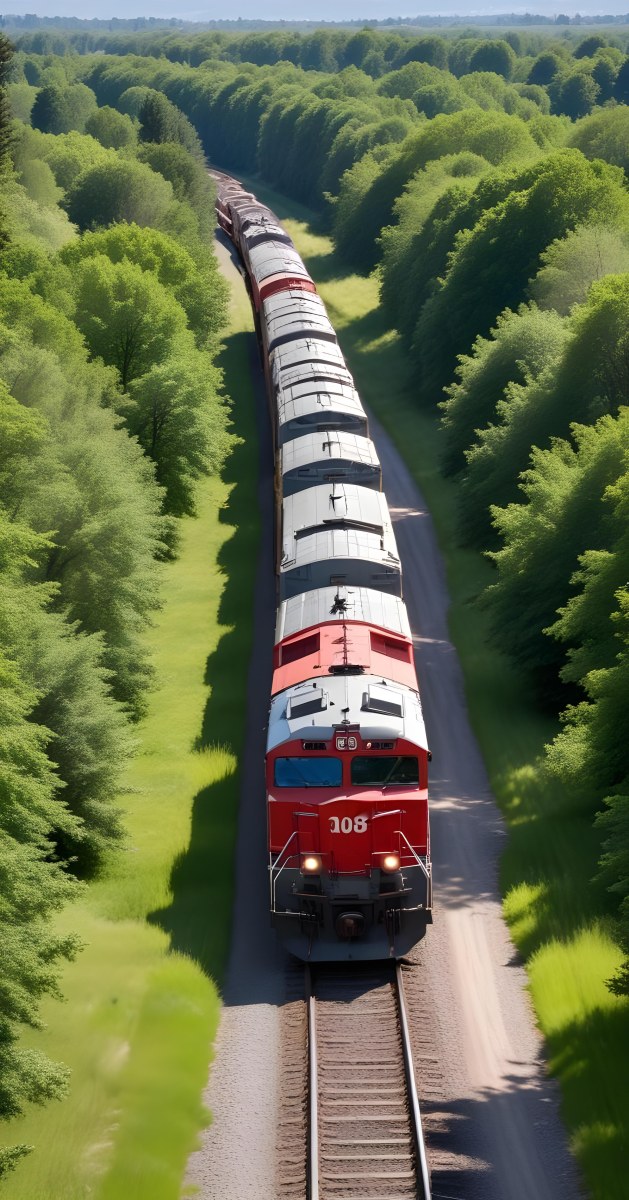 A Red And Gray Freight Train With The Number 108 On The Front Curving Through A Green Tree Lined Landscape On A Sunny Day 26 Aa3b