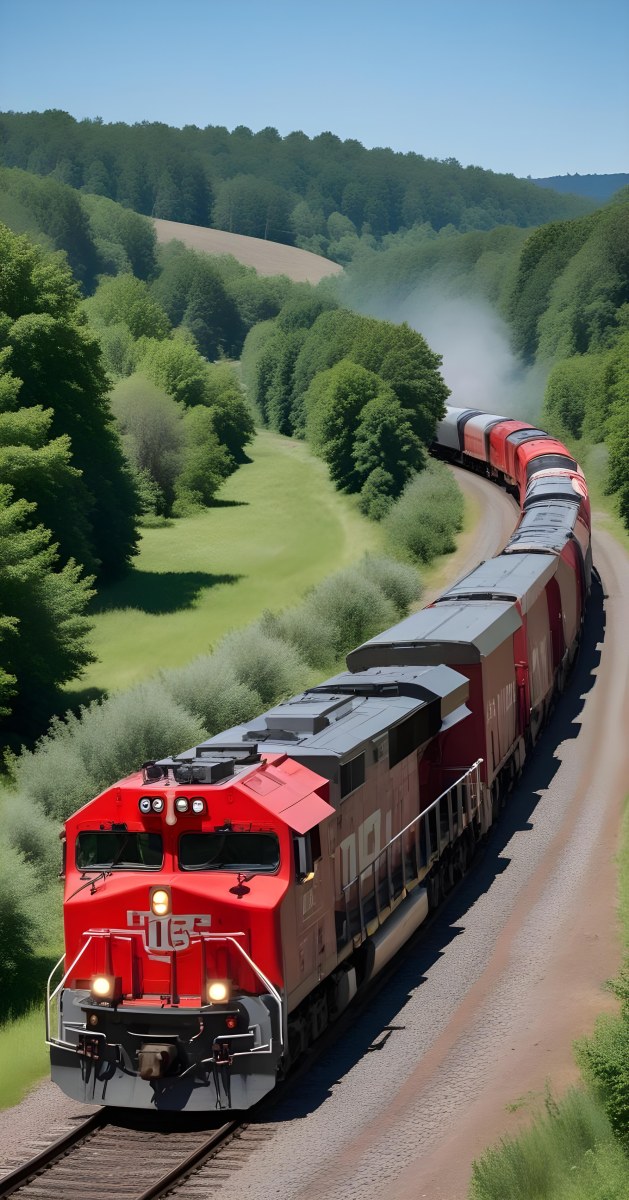 A Red And Gray Freight Train With The Number 108 On The Front Curving Through A Green Tree Lined Landscape On A Sunny Day 3 E1ec