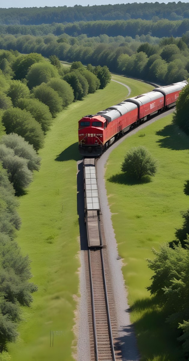 A Red And Gray Freight Train With The Number 108 On The Front Curving Through A Green Tree Lined Landscape On A Sunny Day 4 35e5