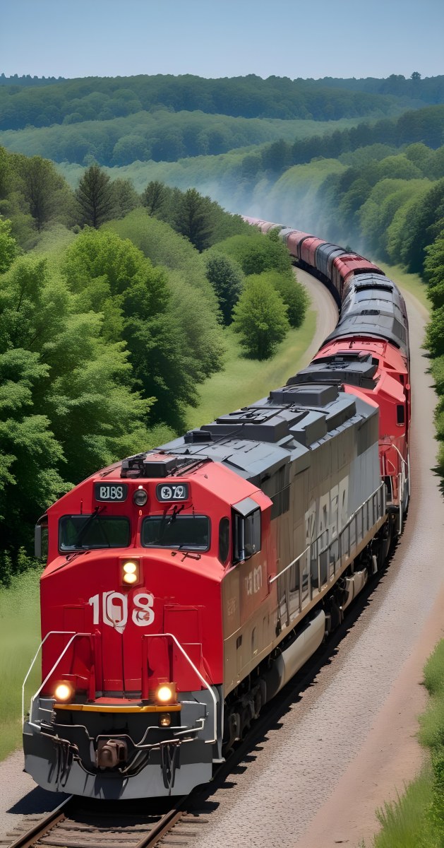 A Red And Gray Freight Train With The Number 108 On The Front Curving Through A Green Tree Lined Landscape On A Sunny Day 5 5e24