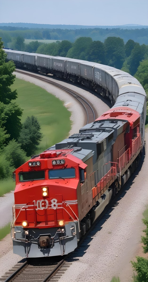 A Red And Gray Freight Train With The Number 108 On The Front Curving Through A Green Tree Lined Landscape On A Sunny Day 6 456e