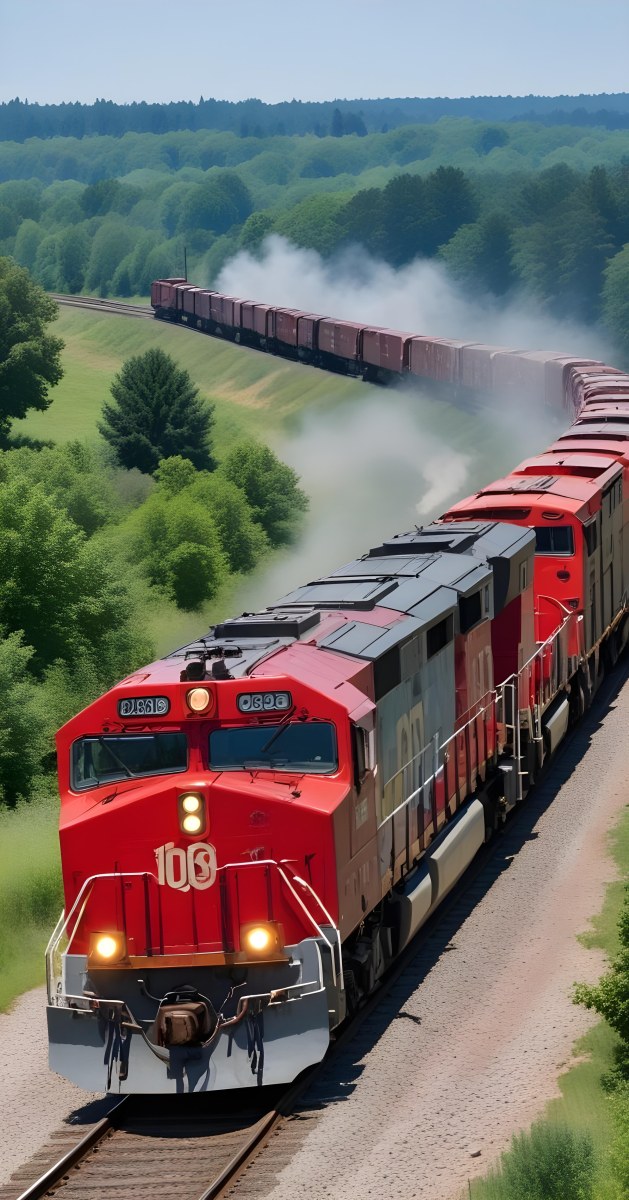 A Red And Gray Freight Train With The Number 108 On The Front Curving Through A Green Tree Lined Landscape On A Sunny Day 7 2977