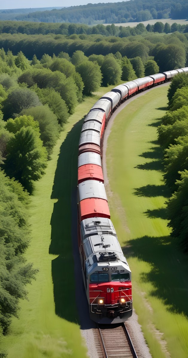 A Red And Gray Freight Train With The Number 108 On The Front Curving Through A Green Tree Lined Landscape On A Sunny Day 9 Ca1a