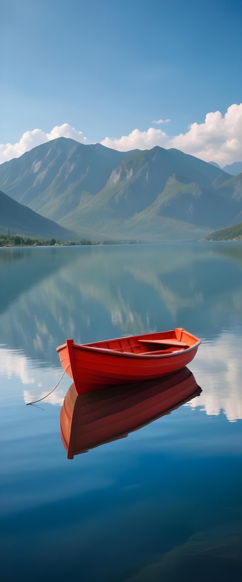 A Red Wooden Boat Floating On A Calm Lake With Mountains And Cloudy Sky Reflected In The Water 13 93b4