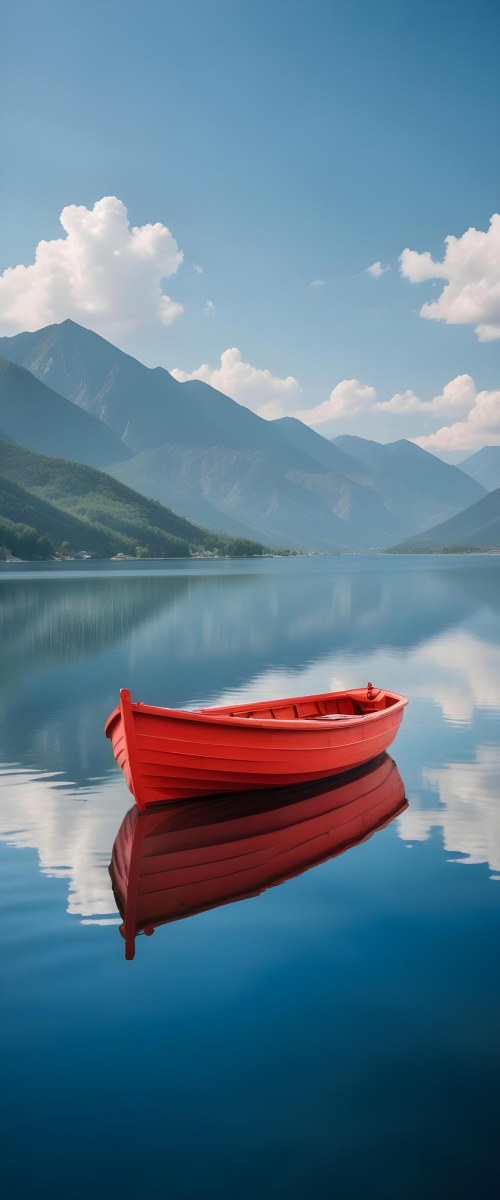 A Red Wooden Boat Floating On A Calm Lake With Mountains And Cloudy Sky Reflected In The Water 14 8b97