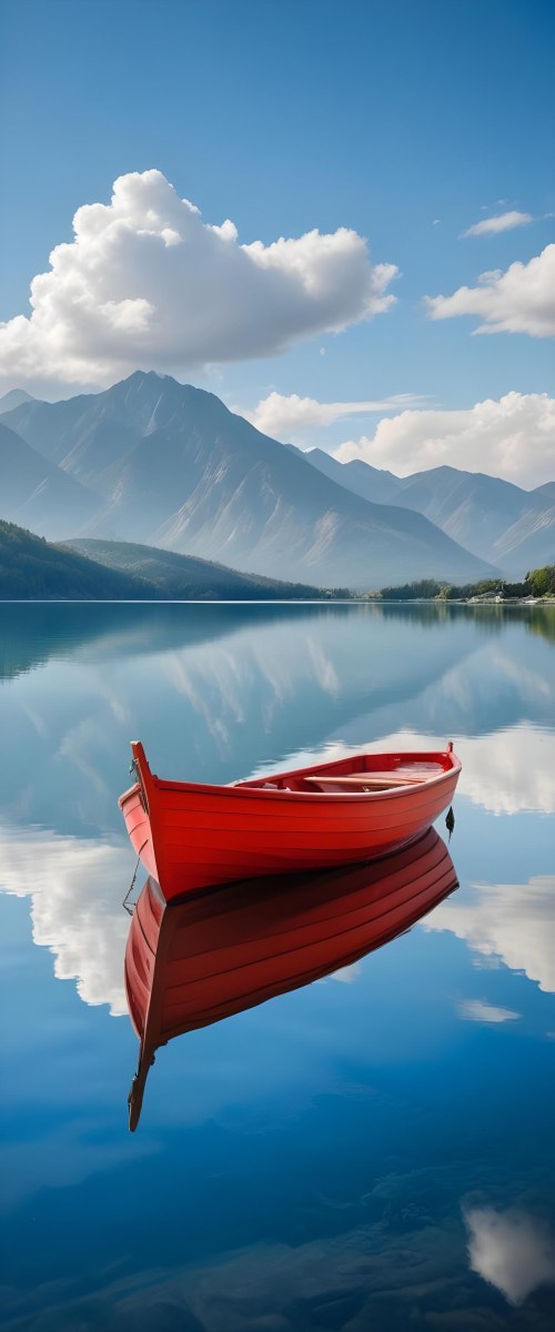 A Red Wooden Boat Floating On A Calm Lake With Mountains And Cloudy Sky Reflected In The Water 17 0c63