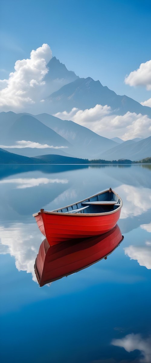 A Red Wooden Boat Floating On A Calm Lake With Mountains And Cloudy Sky Reflected In The Water 18 90a7