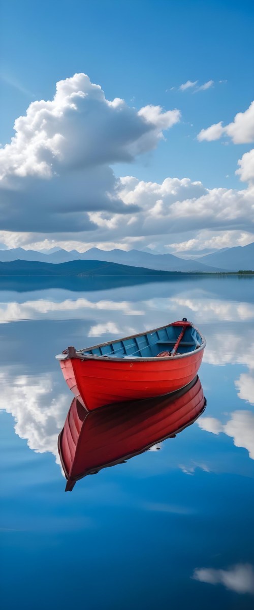 A Red Wooden Boat Floating On A Calm Lake With Mountains And Cloudy Sky Reflected In The Water 19 Efe5
