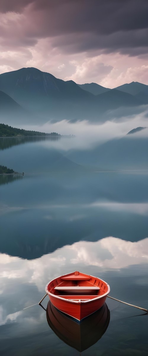 A Red Wooden Boat Floating On A Calm Lake With Mountains And Cloudy Sky Reflected In The Water 2 5037