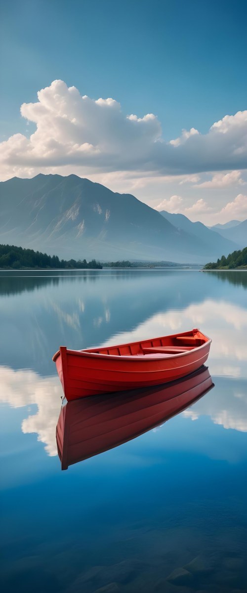 A Red Wooden Boat Floating On A Calm Lake With Mountains And Cloudy Sky Reflected In The Water 3 7e00