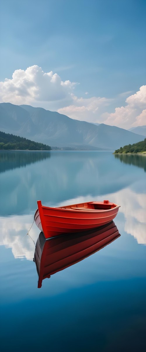 A Red Wooden Boat Floating On A Calm Lake With Mountains And Cloudy Sky Reflected In The Water 4 C7ce