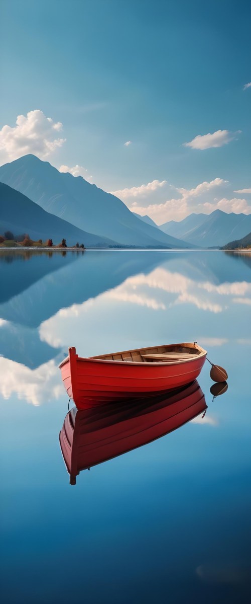 A Red Wooden Boat Floating On A Calm Lake With Mountains And Cloudy Sky Reflected In The Water 5 Bf02