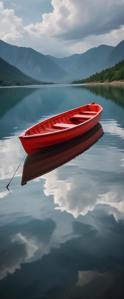 A Red Wooden Boat Floating On A Calm Lake With Mountains And Cloudy Sky Reflected In The Water 6 7e2e