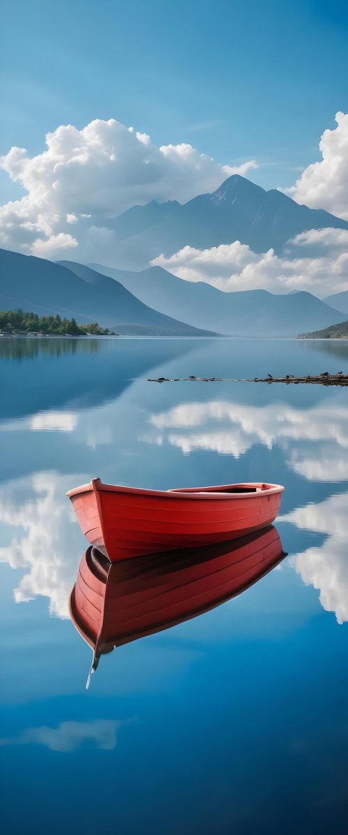 A Red Wooden Boat Floating On A Calm Lake With Mountains And Cloudy Sky Reflected In The Water 7 4e45