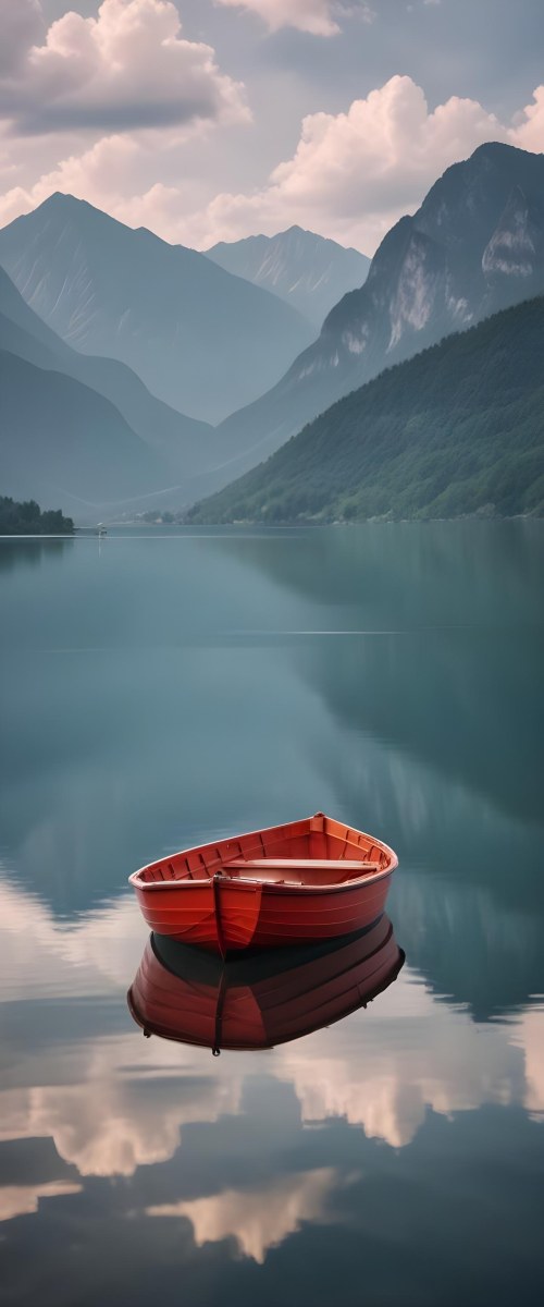 A Red Wooden Boat Floating On A Calm Lake With Mountains And Cloudy Sky Reflected In The Water 8 8959