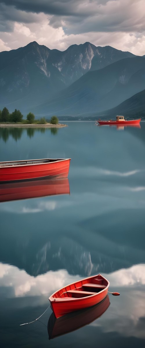 A Red Wooden Boat Floating On A Calm Lake With Mountains And Cloudy Sky Reflected In The Water 9 A557