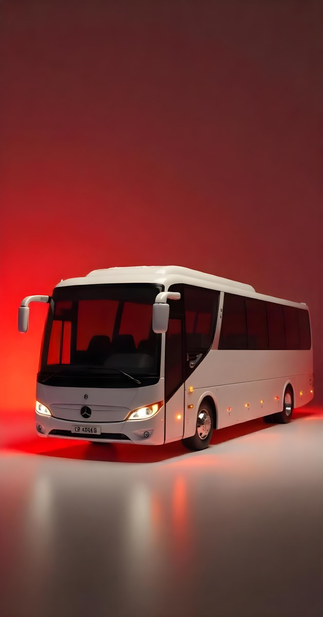 A White Mercedes Benz Tourismo Bus With Black Windows And A White Background With Neon Lights 5 E909