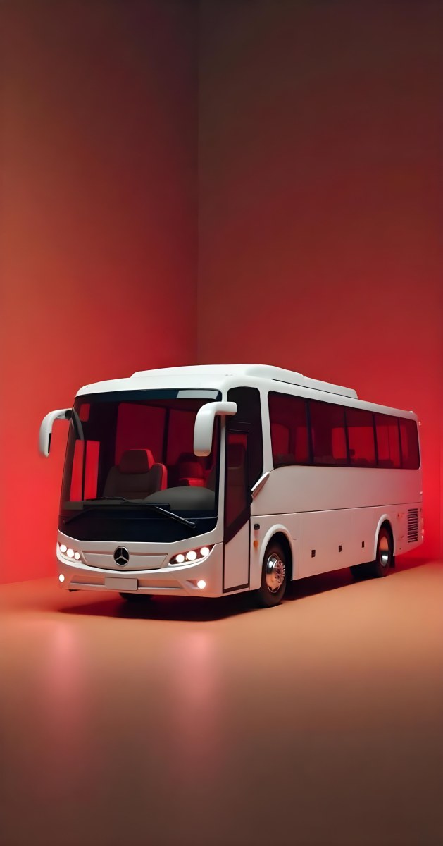 A White Mercedes Benz Tourismo Bus With Black Windows And A White Background With Neon Lights 6 B6aa