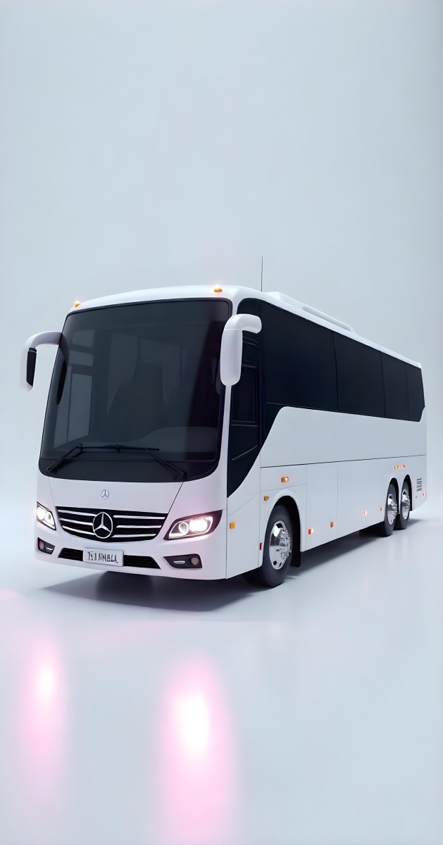 A White Mercedes Benz Tourismo Bus With Black Windows And A White Background With Neon Lights 7 5e74