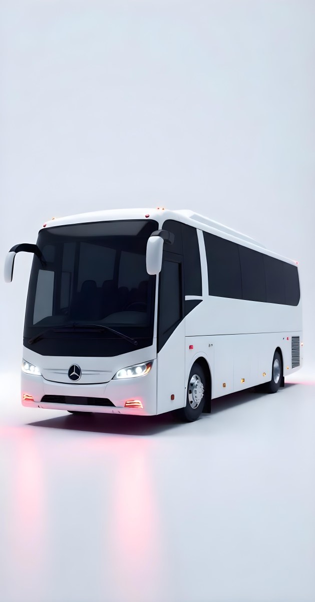 A White Mercedes Benz Tourismo Bus With Black Windows And A White Background With Neon Lights 8 2bf6